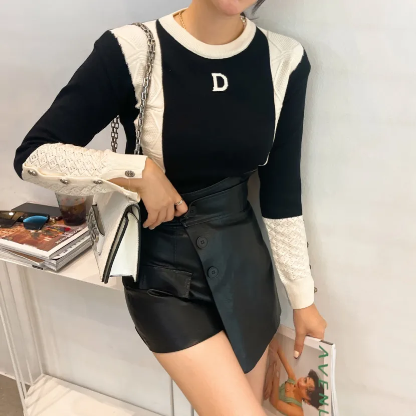 

2021 Pre-Fall Vintage Wool Pullover Women's Sweater O-neck Contrast Patchwork Crochet Long Sleeve Buttons Knitted Jumper
