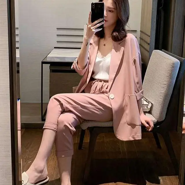 

Korean Style Spring Fashion 2 Piece Set Women Blazer Set Casual Solid Slim Jacket Pant Suit Office Ladies Work Female Suit