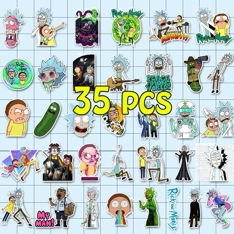 VANMAXX 50/85 Pieces Cartoon Rick and Morty Stickers Waterproof Vinyl Decal for Laptop Helmet Bicycle Luggage Toy Car Stickers - Цвет: 35 pieces