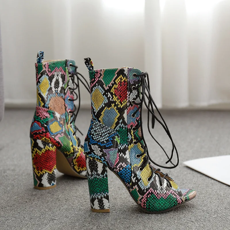 

shoes new fashion color snake pattern thick high heeled cool boots