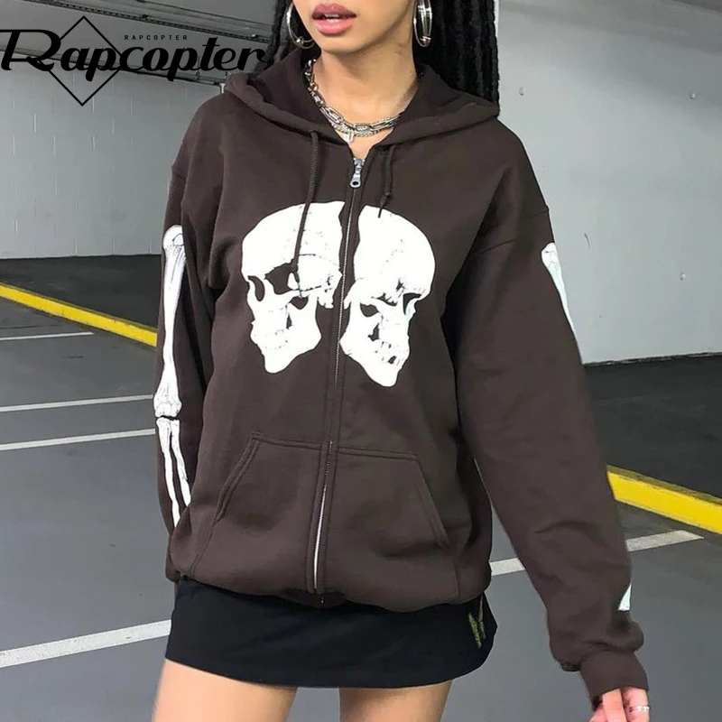 

Rapcopter y2k Skulls Jackets Brown Long Sleeve Vintage Coat Hooded Casual Fashion Punk Outwear Women Autumn Winter Sweatshirts