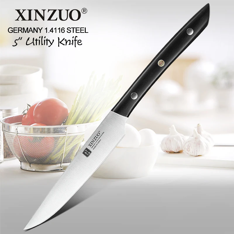 XINZUO, 5 дюймов, универсальный нож DIN 1,4116, кухонные ножи из нержавеющей стали, острый бритвенный нож для фруктов и овощей, кухонные инструменты, ручка из черного дерева