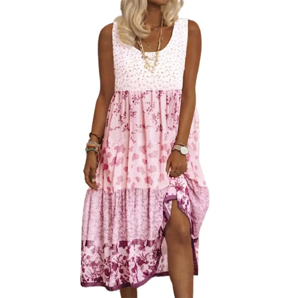 

Minimalist breathable stretch long dress women's 2021 summer new round neck loose contrast color matching pleated sleeveless mid