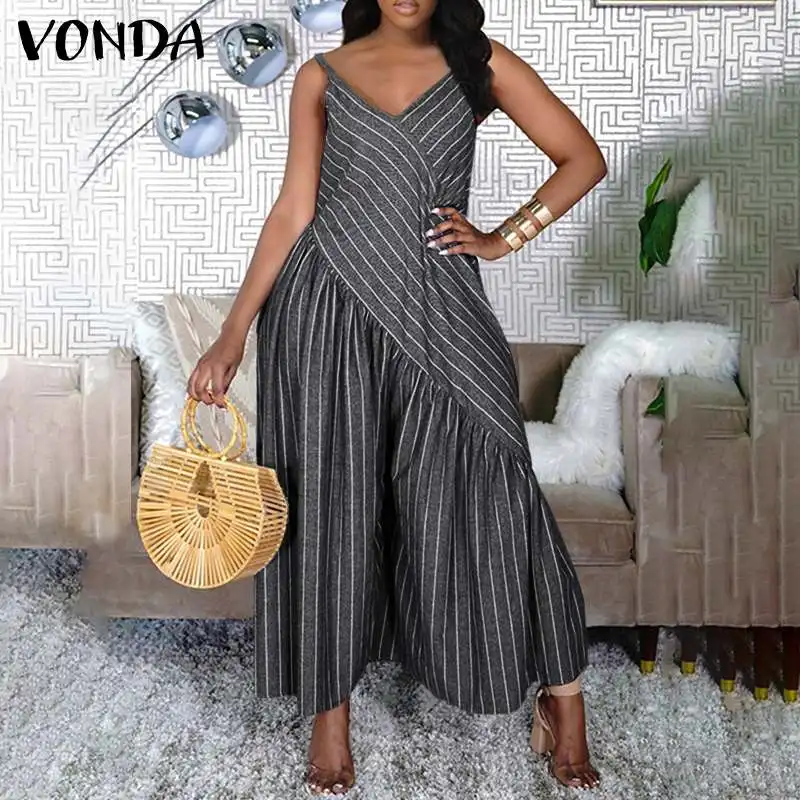 

VONDA 2021 Summer Sleeveless Dress Women Pleated V Neck Vintage Striped Printed Dresses Elegant Beach Sundress Strapless Robe