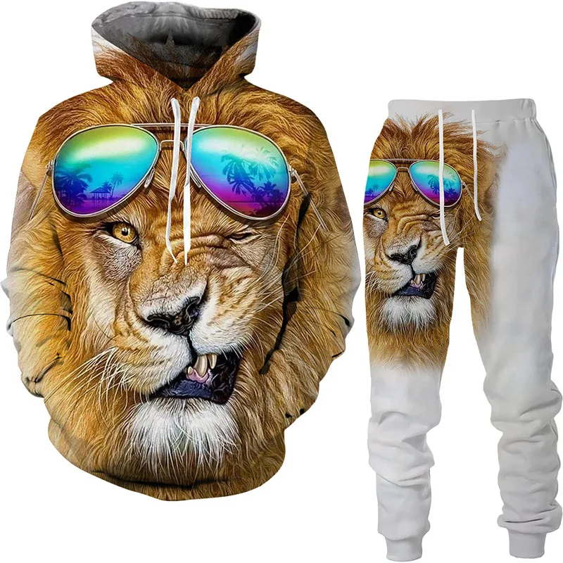 

New Men's 3d Printed Hooded Sweater + Trousers 2-piece Suit 2021 Fashion Men's Sports Suit Men's Animal 3d Printed Hoodie