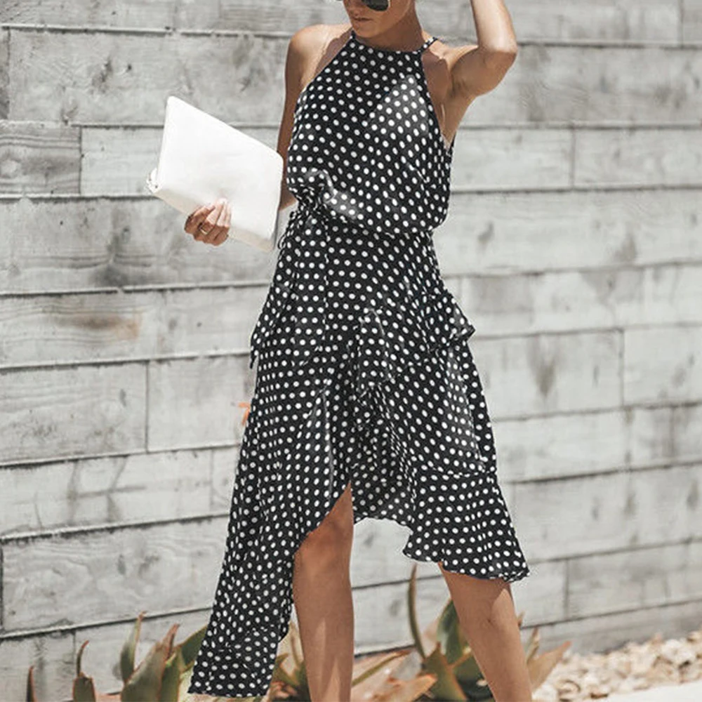 

Dress Ladies Summer Fashion Polka-dot Lace-up Short-sleeved Bohemian Long Skirt Elegant Casual Waist Irregular Suit