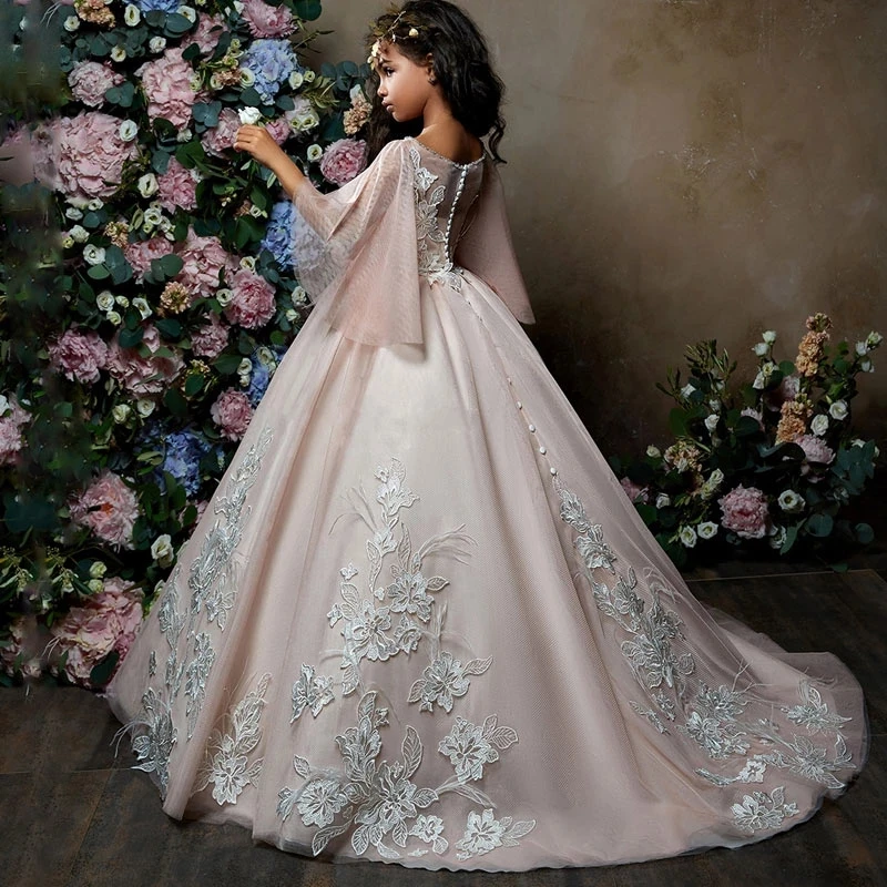 

Розовые платья с рукавами для маленьких девочек, длинное детское бальное платье для девочек, детское платье