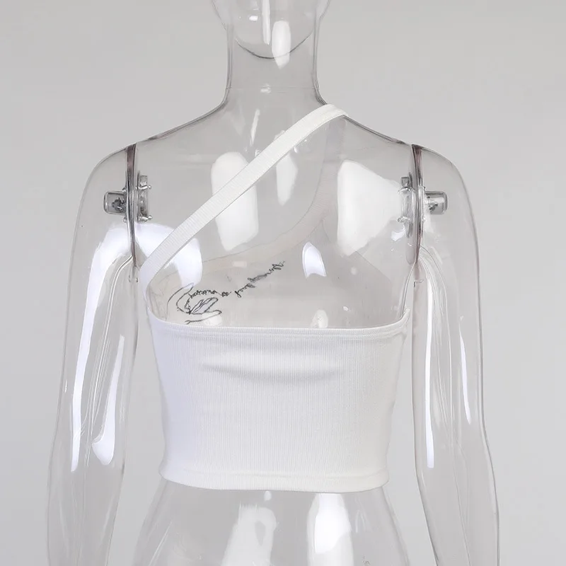 

LAISIYI Backless One Shoulder Sexy Slim Print Knitted Tank Tops Sleeveless Diagonal Collar Casual Simple Ribbing Crop Top Women