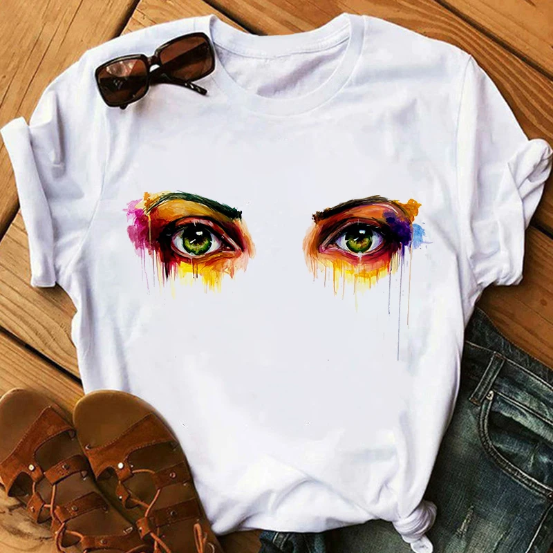 

Harajuku Cute tearful Eyes tshirts Women Summer fashion O-neck Short Sleeve Tops T-shirt Funny Clothes For Lady Top Tee Hipster