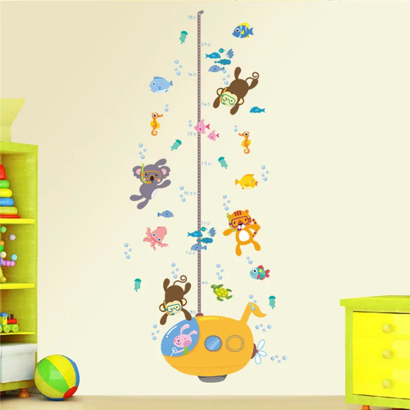 

Cartoon Animal Underwater Diving Growth Chart Wall Sticker Kids Room Decor Nursery Safari Mural Art Children Height Home Decal