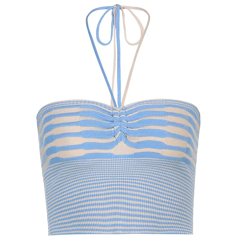 

Street Women's Striped Contrast Hanging Neck Tie One Shoulder Slim Open Navel Suspender Vest Female 2021