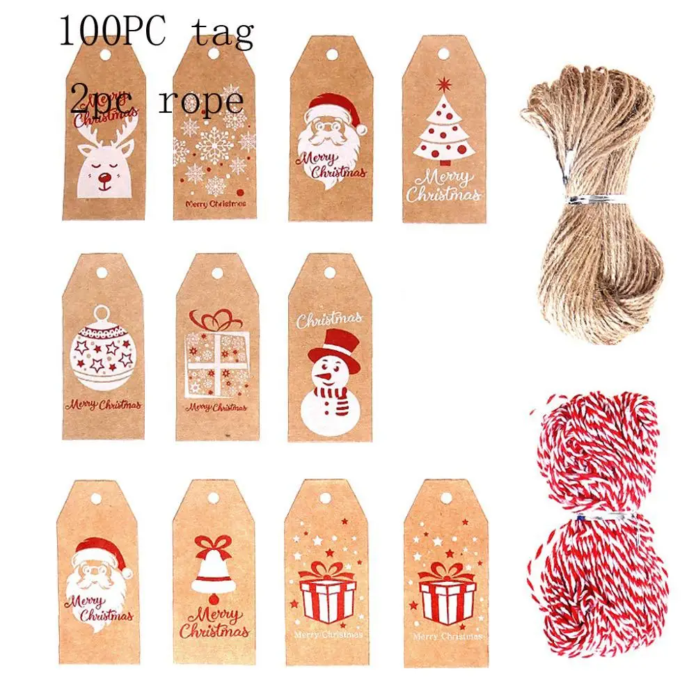 

100 Pieces Of 10 Styles Of Christmas Kraft Paper Gift Tag Hanging With 100 Foot Cotton Thread #2N08
