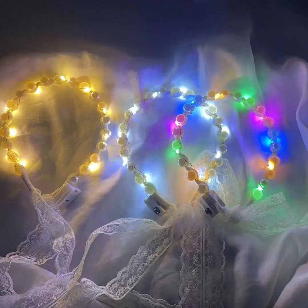 

Lace Ribbon Veil Luminous Hair Band Fairy Lights Light Up Headband Female Tie Pearl Headdress Glow Wedding Party Christmas