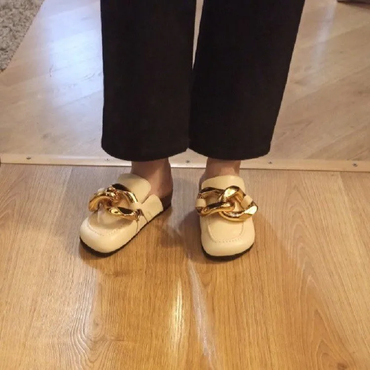 

Female Shoes Cover Toe Rivet Low Slippers Flat Slides Fashion 2021 Luxury Basic Metal Decoration PU Fabric Scandals Hoof Heels