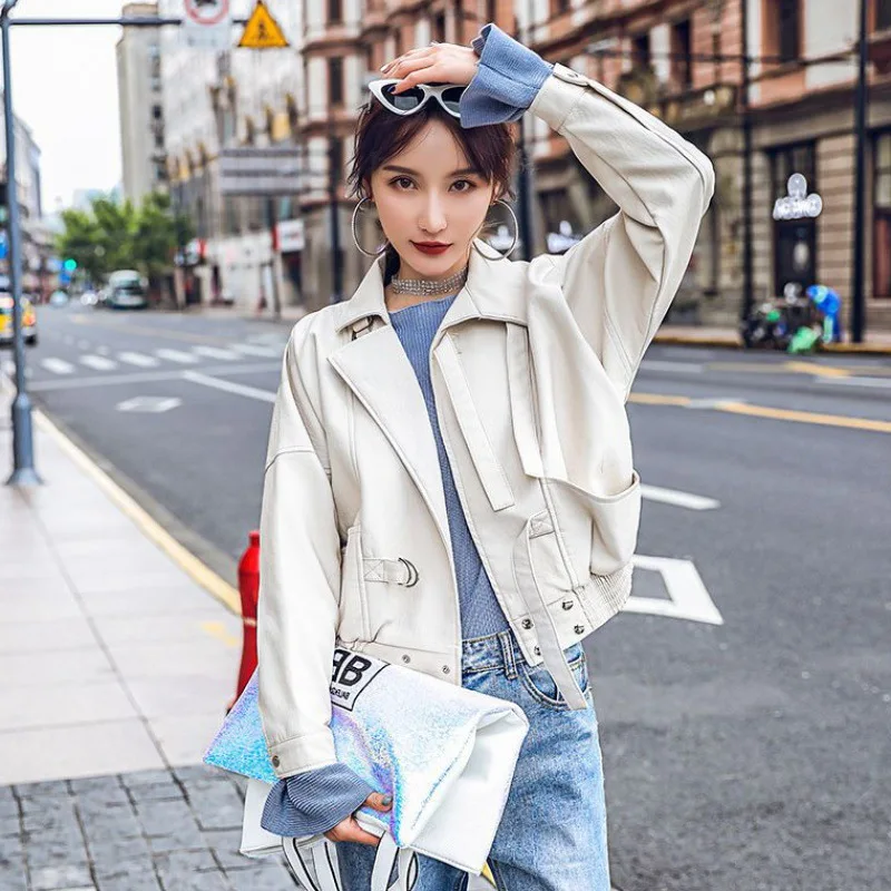 

2021 Spring Women'S Leather Short Coat Korean Loose New Leather Clothes Women'S Leather Jacket Motorcycle Clothing Oversize Coat