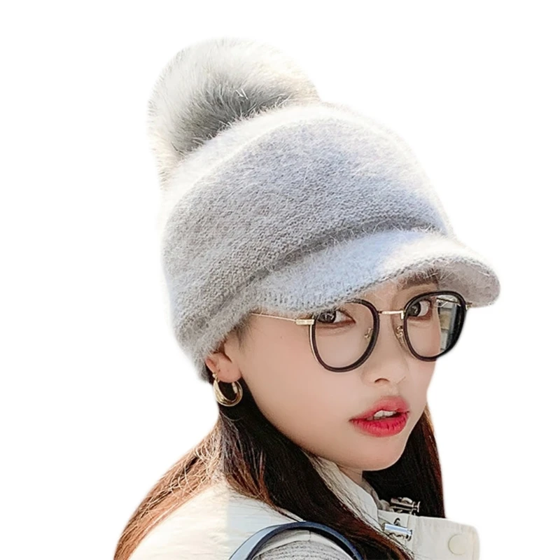 Women Winter Thick Warm Fuzzy Knit Beanie Cap with Visor Bill Cute Pompom Cold Weather Windproof Skullies Baseball Cap