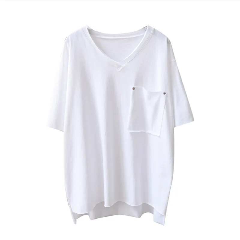 

2020 Summer Loose Oversize Short Sleeve Women T Shirt Korea Fashion Simple Solid Color Pocket V-neck T Shirt Plus Size Black Top