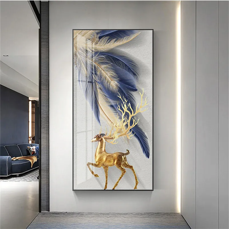 

Modern Luxurious Blue Gold Feather Leaves Abstract Canvas Painting Wall Art Print Poster Picture Living Room Home Decoration