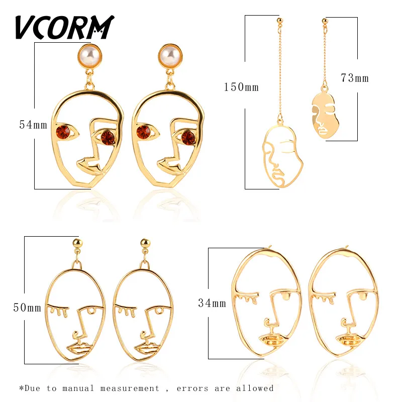 

VCORM New Vintage Gold Long Drop Earrings for Women 2021 Statement Abstract Hollow Fashion Metal Face Dangle Earrings Jewelry...