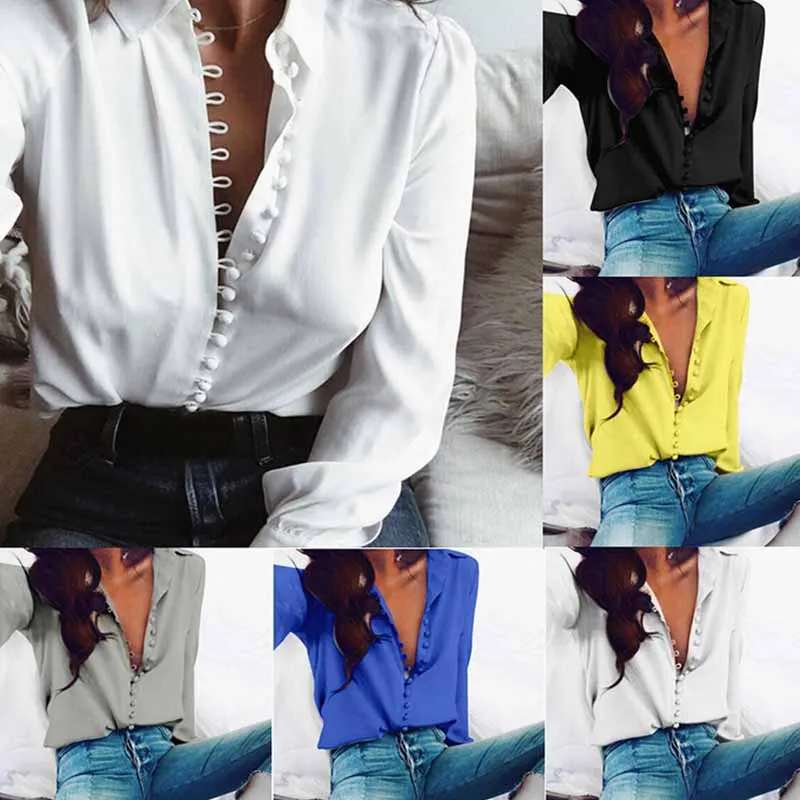 

Long Sleeve Buttons Shirts Tops Ladies Elegant Office Shirt Fashion Turn-Down Collar Tshirts Women Solid T-shirt Ladies Clothes