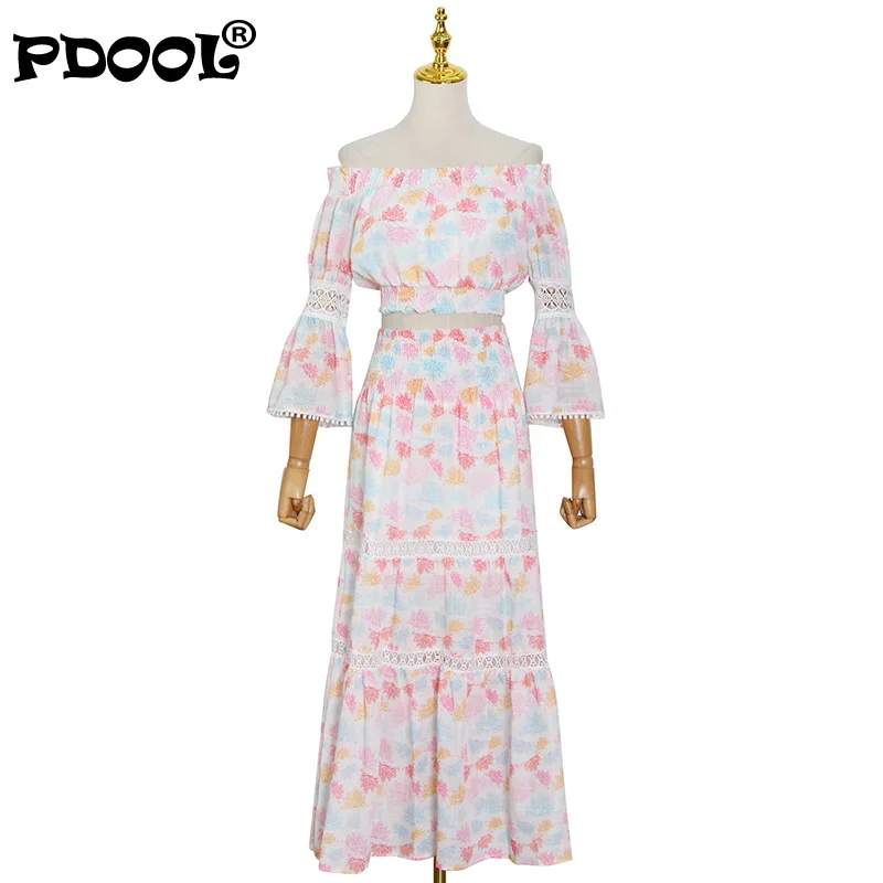 

Print Two Piece Set For Women Slash Neck Flare Long Sleeve Patchwork Lace Tops High Waist Midi Skirt Vintage Sets Female New
