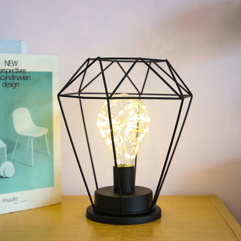 

LED Battery Box Night Light Nordic Style Wrought Iron Diamond/Lantern Style Net Red Light Ins Home Room Decoration