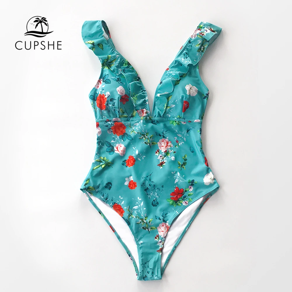 CUPSHE Teal цветочный гофрированный Цельный купальник с v образным вырезом