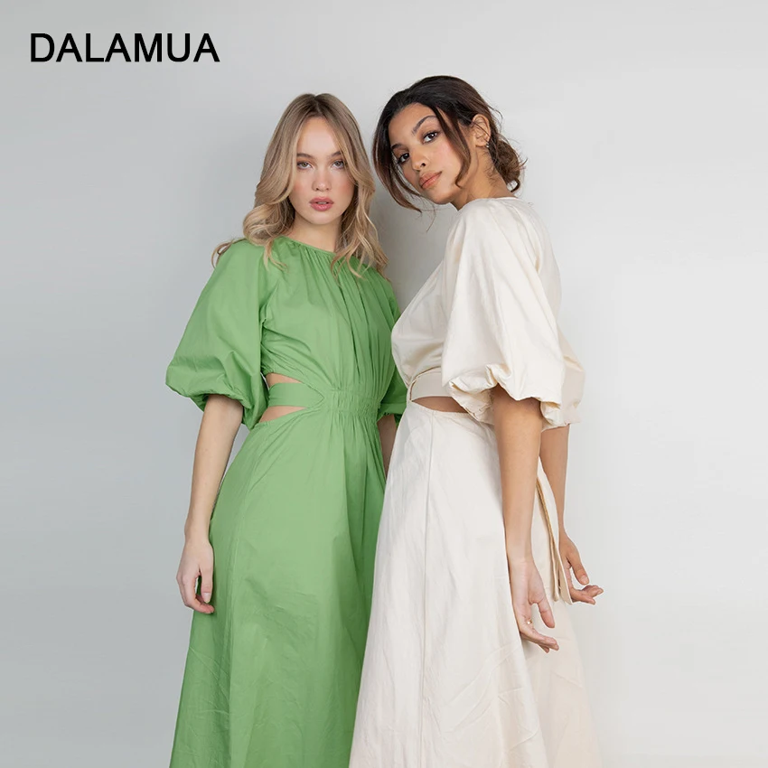 

2021 Autumn Women Dress Cotton Puff Short Sleeve Solid Color O-Neck High Waist Lace Bow Office Ladies Casual Female Midi Dresses