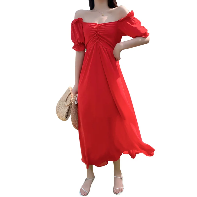 

Summer 2021 Runway Off Shoulder Elegant Party Dress Long Korean Tropical Boho Beach Vacation Dress Maxi Red Chiffon Women Dress