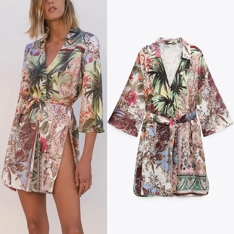 

Za Caftan Woman Blouse Summer 2021 Vintage Print Lapel Long Sleeve Side Slit Hem Tops Fashion Wrap Belt Streetwear Blouses Women