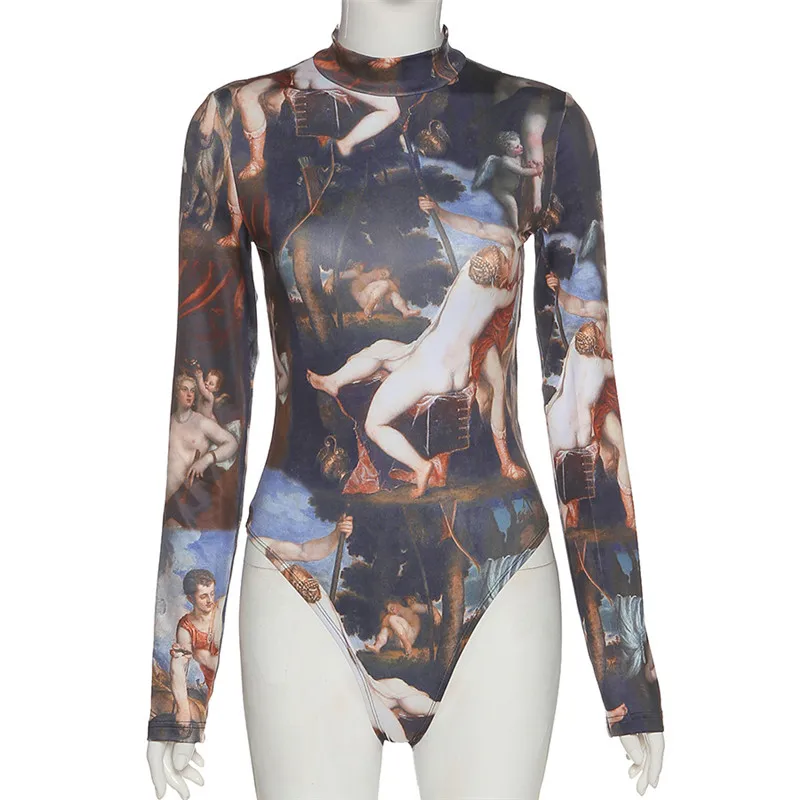 

Ahagaga Casual Print Bodysuits Women Autumn Fashion Jumpsuit Long Sleeves Skinny Bodycon Streetwear Women Rompers Female Blusas