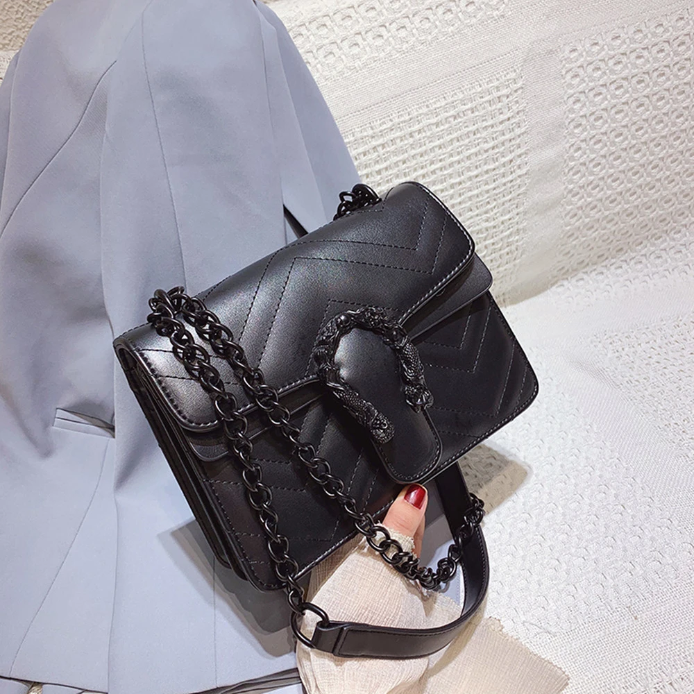 

Fashion Black Woman Shoulder Bag PU Leather Chain Solid Soft Buckle Crossbody Luxury Purses And Handbags Women Bags Designer Sac