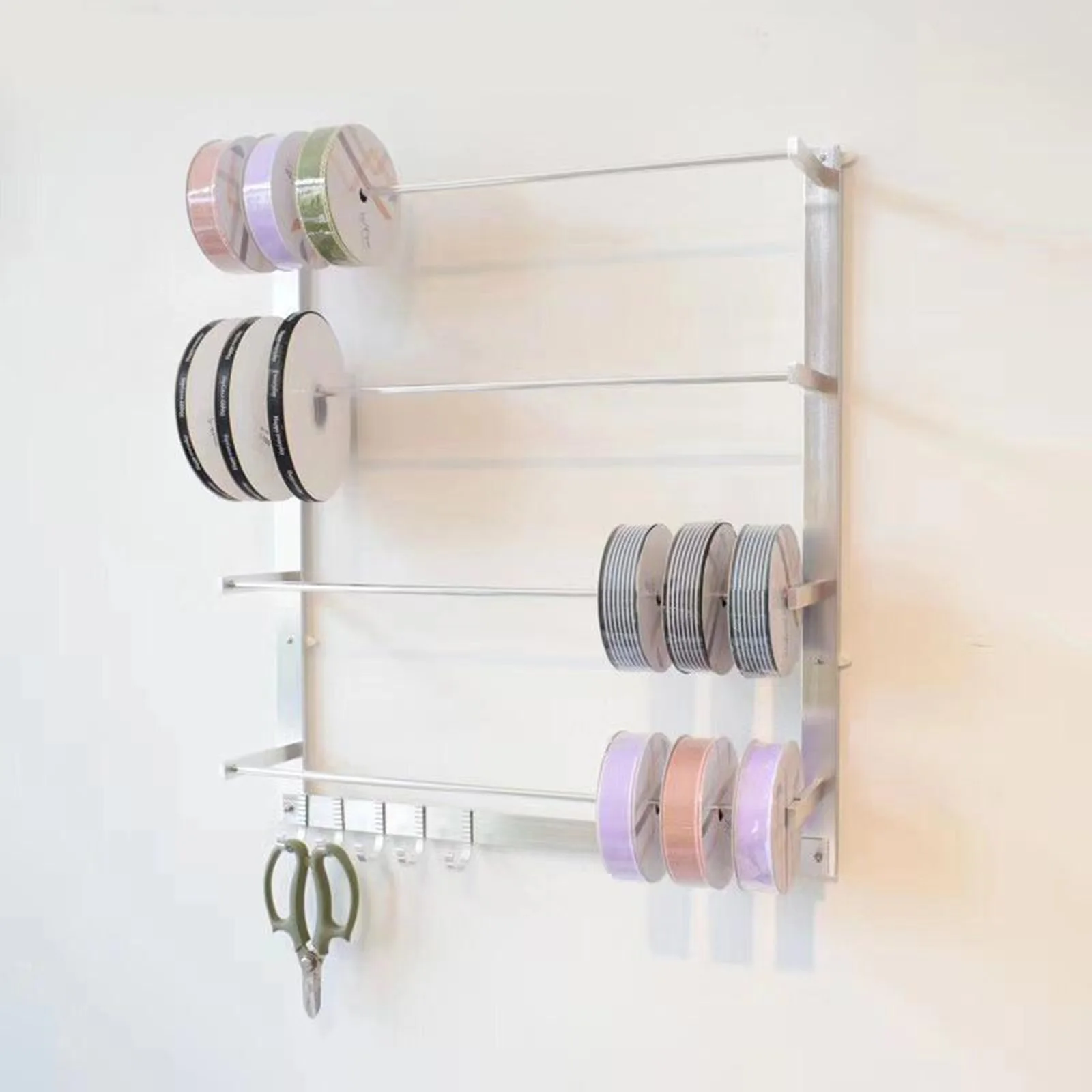 

Wire Spool Rack with 4 Rods, Wall-Mounted Steel Thread Holder Ribbons Organizer