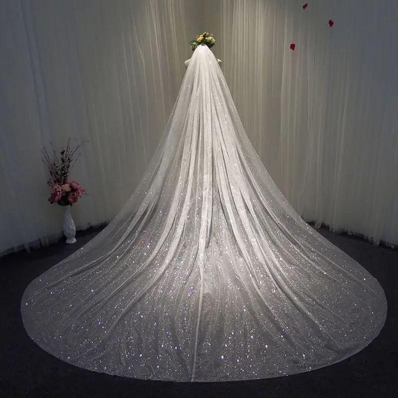 

LXAE Women Mesh Ultra-Long Trailing Cathedral Wedding Veil Romantic Luxury Shimmer Starry Sky Sequins Hot Stamping Bridal