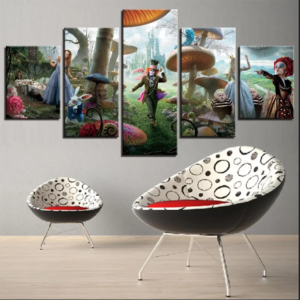 5 Pieces Wonderland Canvas Painting Movie Posters Alice In Forest Wallpapers Animal Picture For Home Kids Room Decor Abstract | Дом и сад