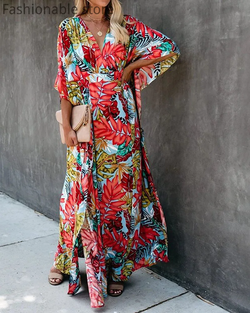 

Bohemian Women V-Neck Short Sleeve Floral Print Long Dress