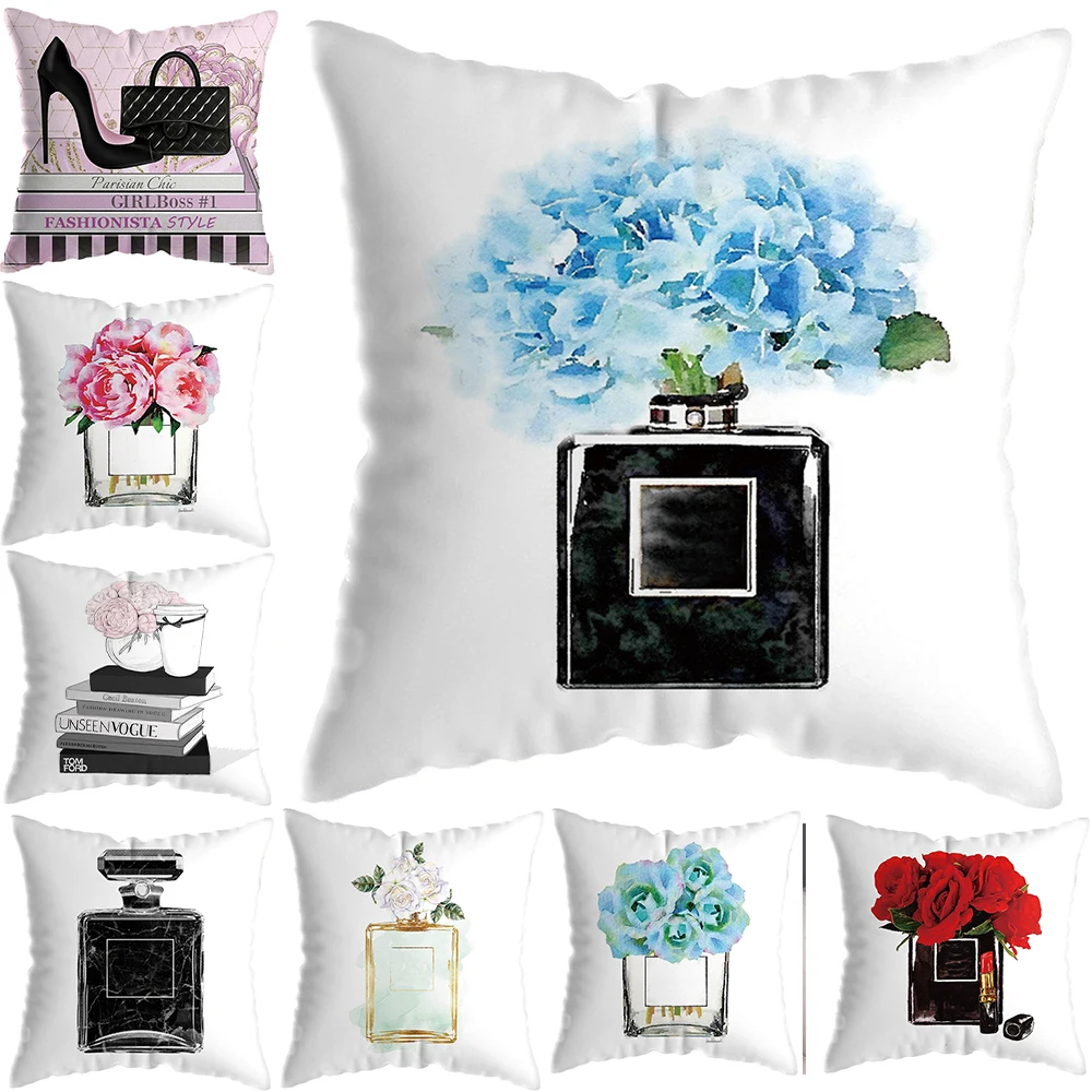 

Hand Paint Flowers Perfume Bottles Cushion Cover Short Plush Cotton 45X45CM Pillowcase Home Decorative Throw Pillow Cover