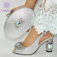 silver african fashion rhinestone woman shoes and bag set for wedding latest italian sandals shoes and matching bag set