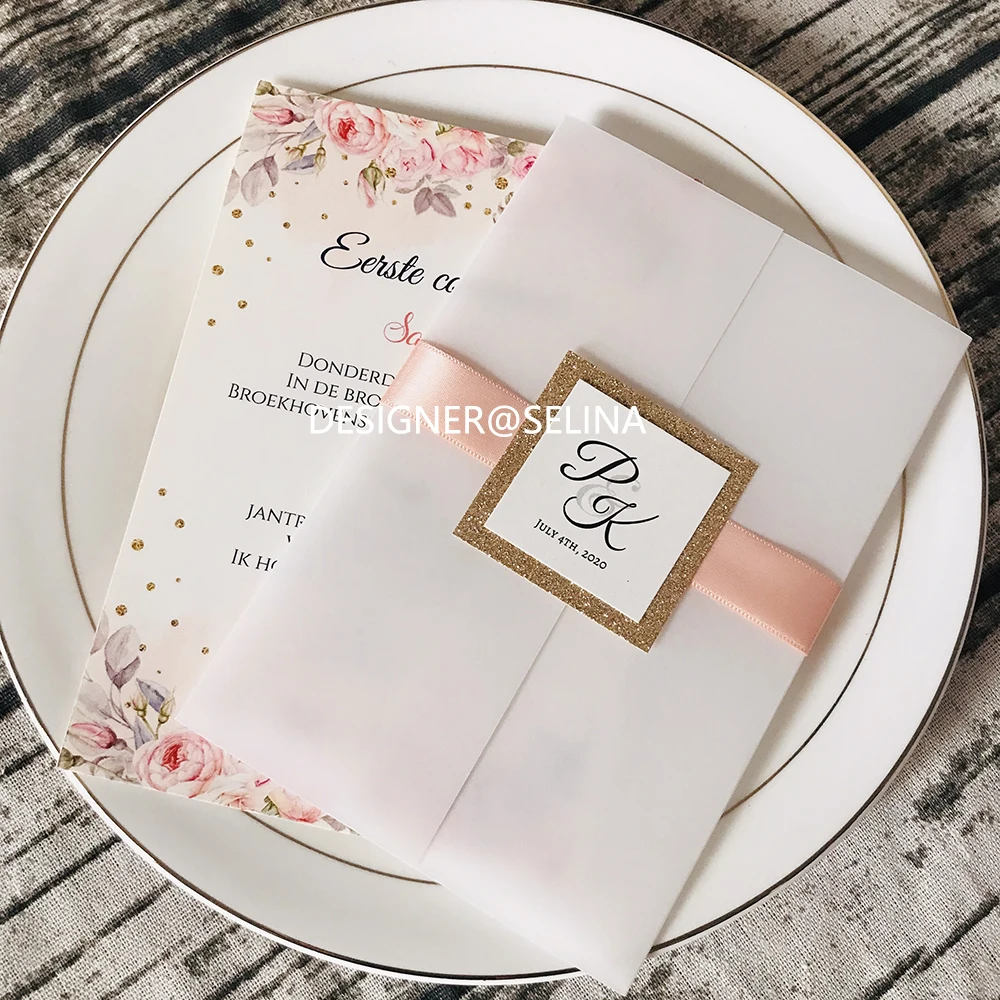 Элегантные свадебные приглашения из бархата с блестками розового золота печатью