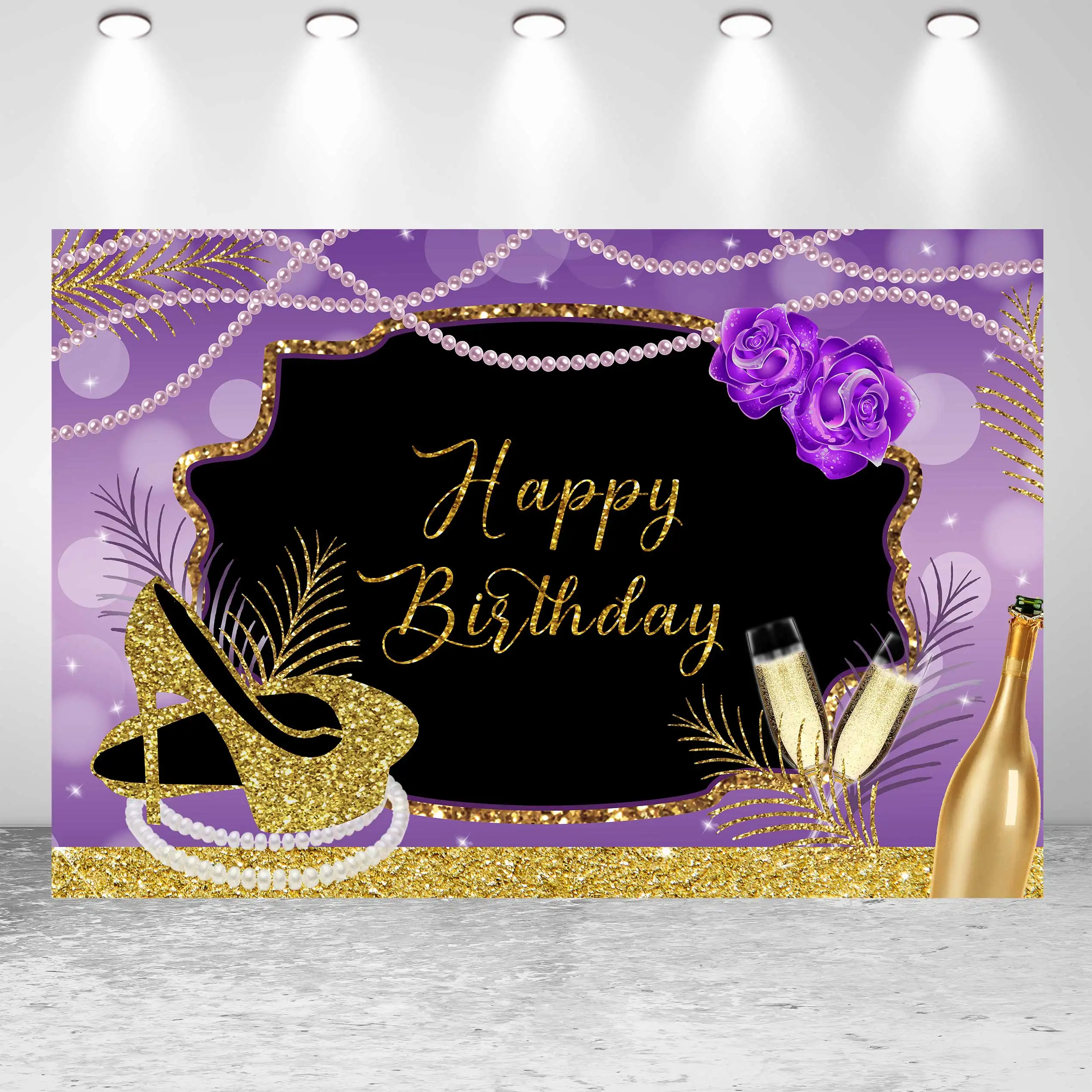 

Seekpro Girl Woman Birthday Celebrating Party Backdrop Purple Glitter Wine Glass Customize Banner Poster Photo Studio Background
