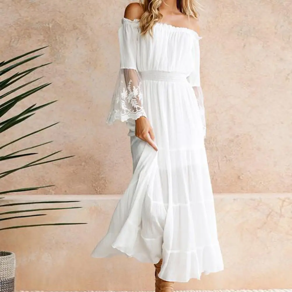 

2021 New Lace Crochet Off Shoulder Women Dress Double Layers Flared Sleeve White Long Dress for Vacation boho sexy sundress