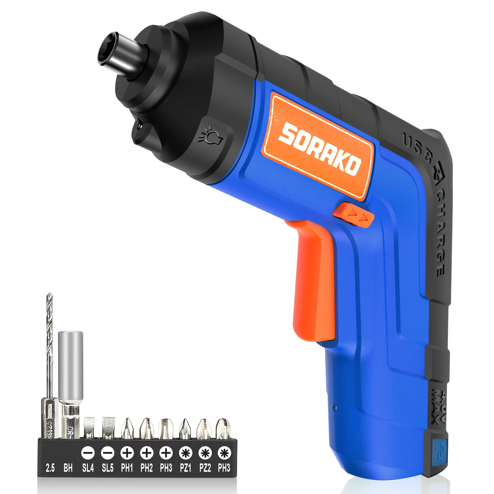 

Electric Screwdriver, SORAKO 3.6V Cordless Screwdriver 6Nm, Rechargeable Power Screwdriver Set,2.0Ah Li-ion Battery, LED Light