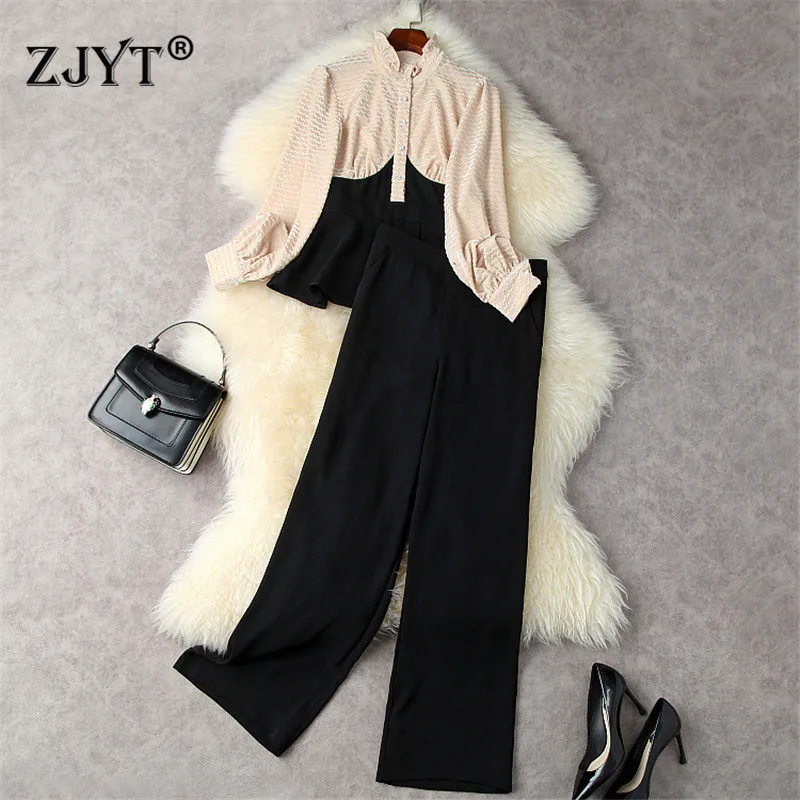 

Autumn Winter Women's Office Trousers Suits Fashion Long Sleeve Flocking Shirt and Pants Two Piece Set Ensemble Femme Ropa Mujer