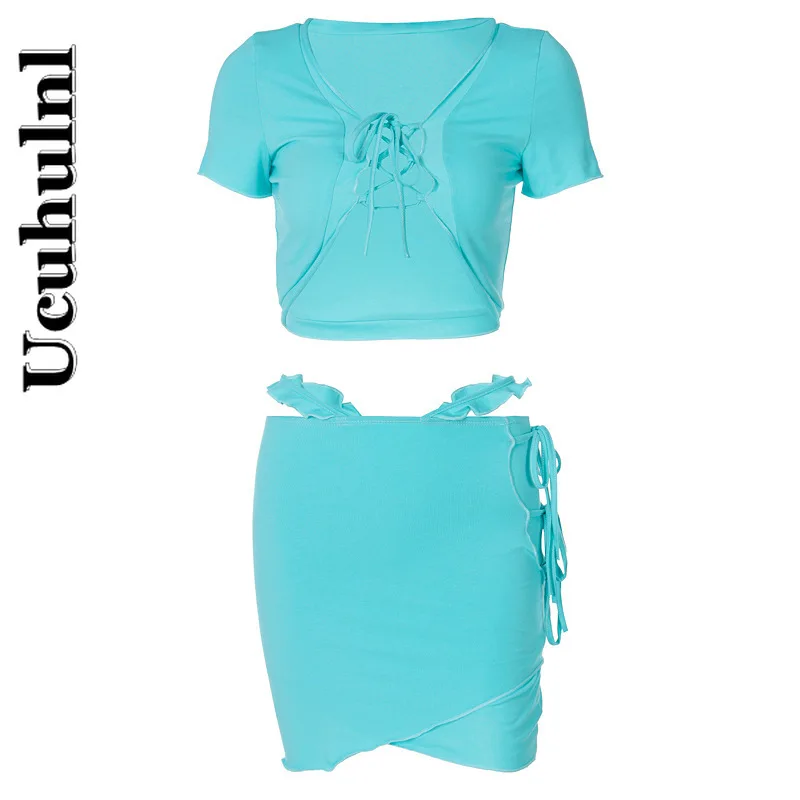 

Ucuhulnl Lace Up Patchwork Women 2 Piece Set Short Sleeve Crop Top Mini Skirt Bodycon Sexy Streetwear Outfit Matching 2021