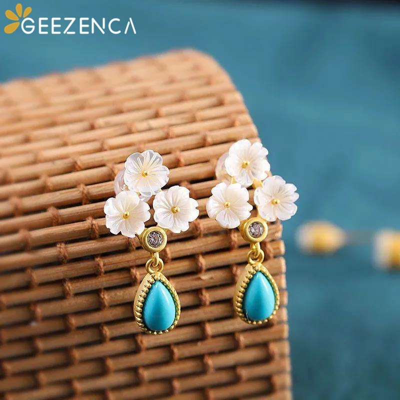 

Trendy Vintage 925 Sterling Silver Turquoise Shell Flower Stud Earrings Gold Plated Fine Jewelry For Women 2020 Spring New Gift