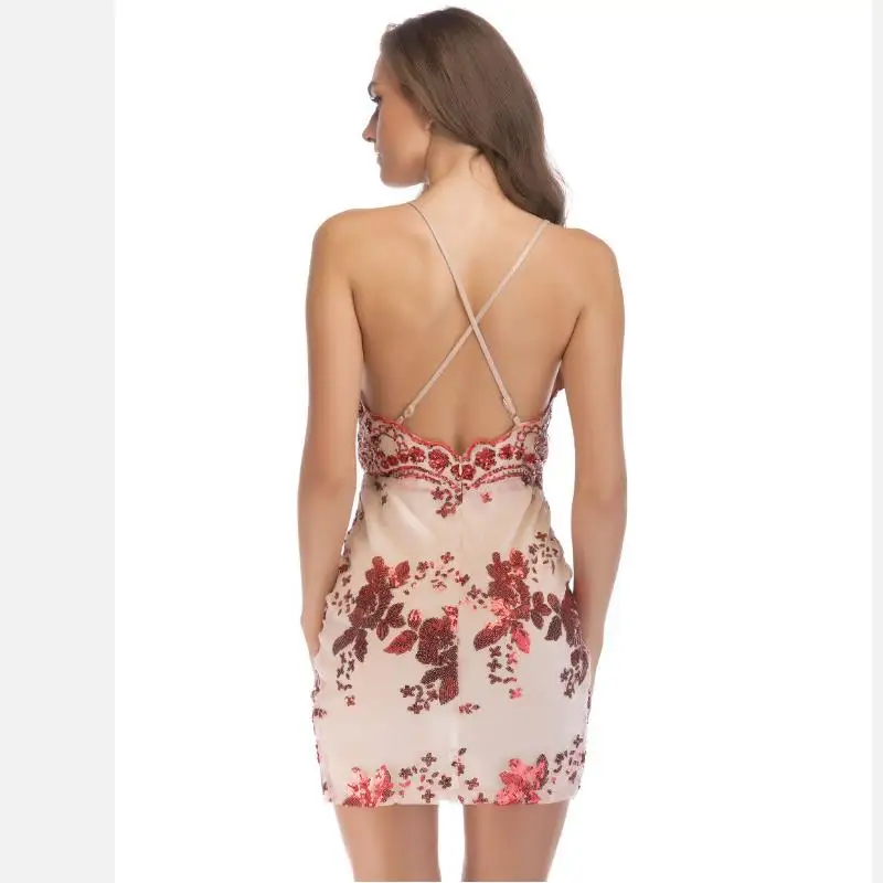 Sexy V Neck Gold Sequined Party Without backrest Backless Dress Lining Bodycon intermediate sleeve Night Club Mini G26 | Женская одежда