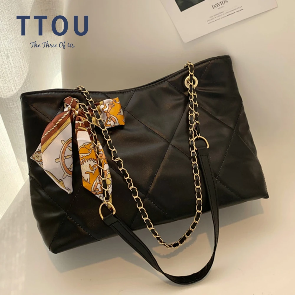 

Fashion Black Plaid Shoulder Women's Bag Luxury Leather Shopper Crossbody Bag Lattice Messenger Handbag Lady Big Chain Tote Bag