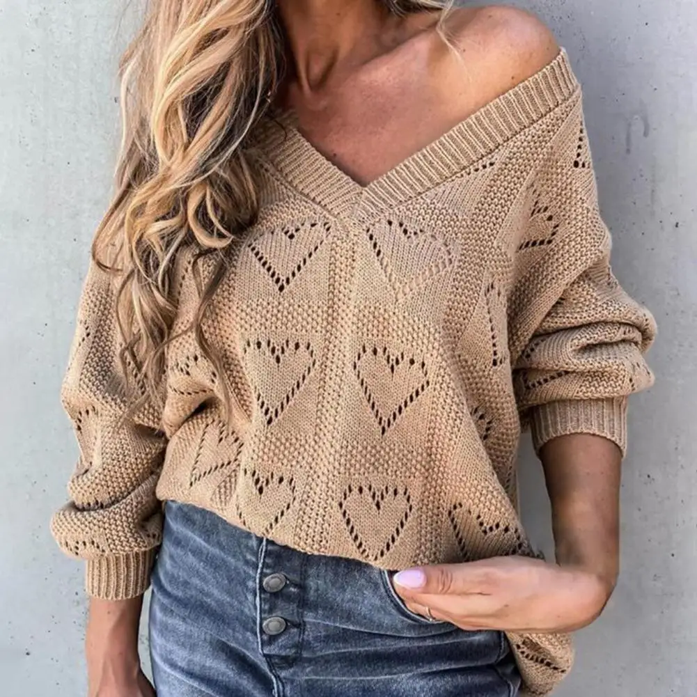 

2021 Winter women's sweatershirts Heart Hollow Out Boho Knitting Tunic Top jumper mujer Loose Women's sweater knitted pullover
