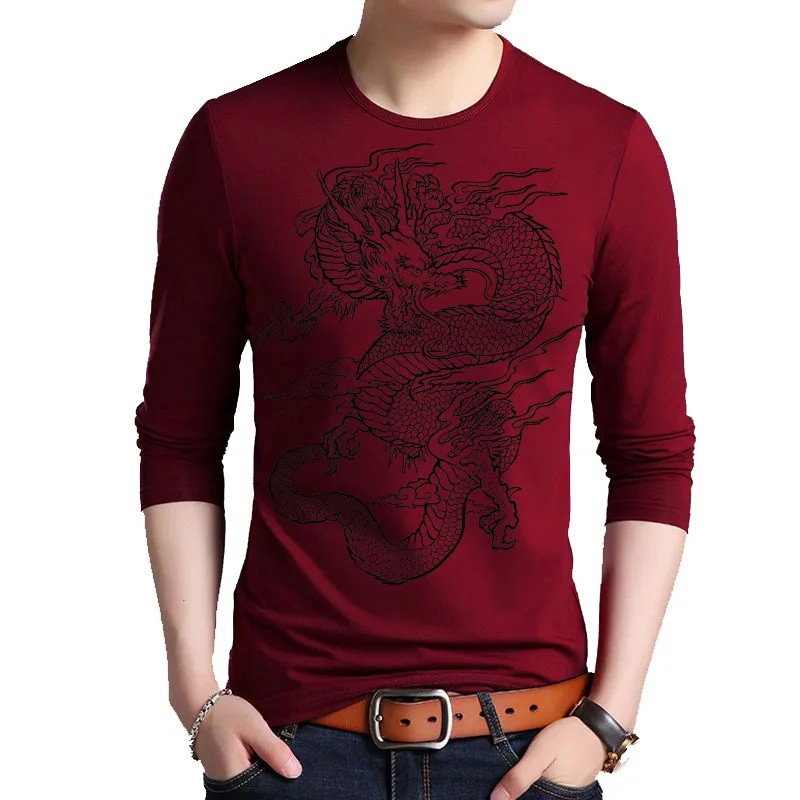

Dragon Print T-Shirt Men 2021 Spring Brand New Long Sleeved T Shirts Man 100% Cotton TShirts Chinese Style Tees Plus Size 5XL