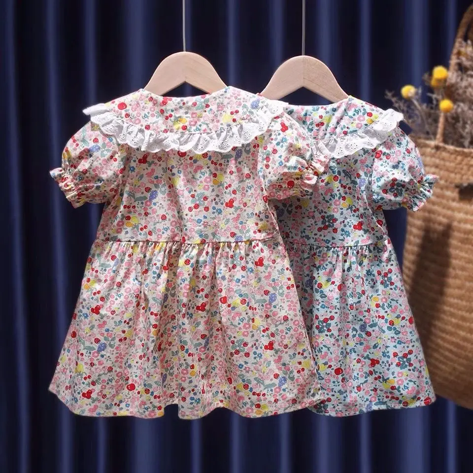 

Kids Girls Dress 2021 Summer New Short Puff Sleeve Floral Cute Princess Dress Baby Peter Pan Collar A-Line Children Clothes